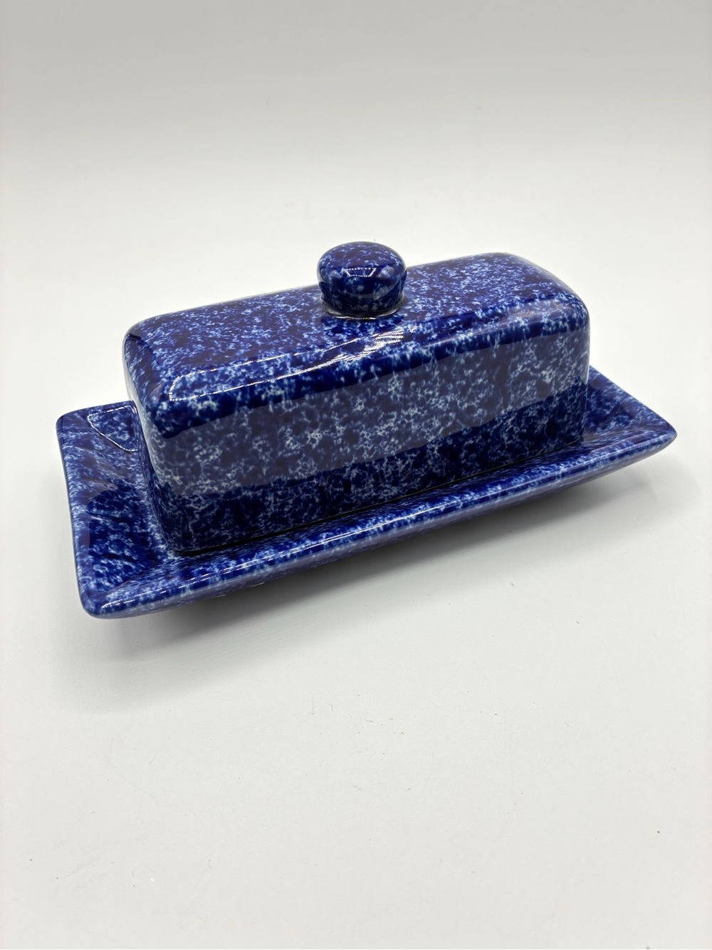 Vintage ADA Pottery Cobalt Blue Spongeware Covered Butter Dish USA Stoneware